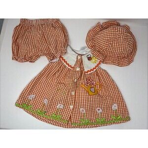 Vintage Cradle Togs Baby Girl Orange Gingham Dress Flower Bee Outfit w/ hat 12M